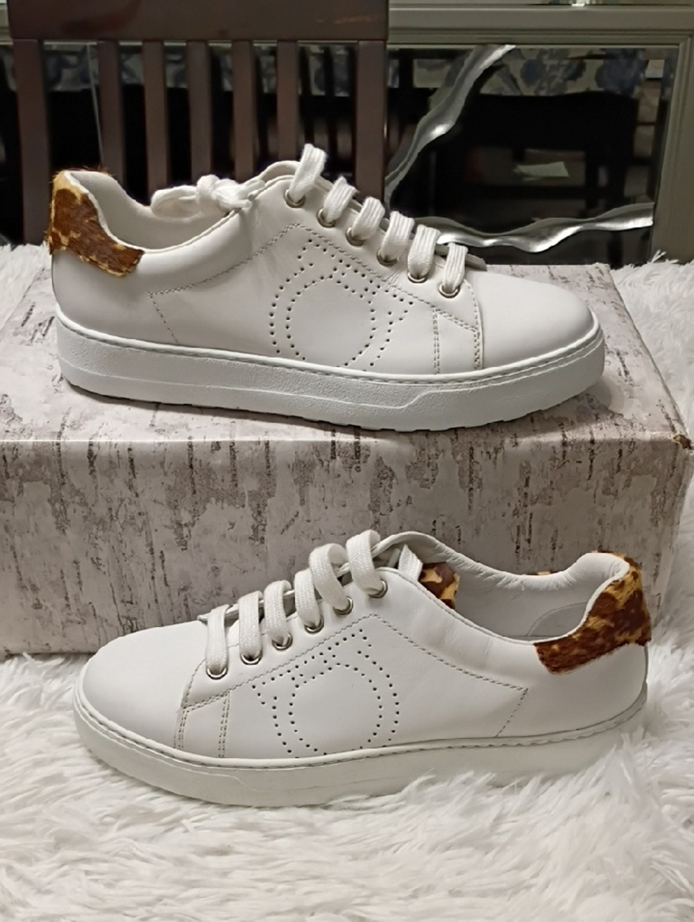 Salvatore Ferragamo PIERRE WHITE Leopard Trim Low Top Sneaker Size 7C $560